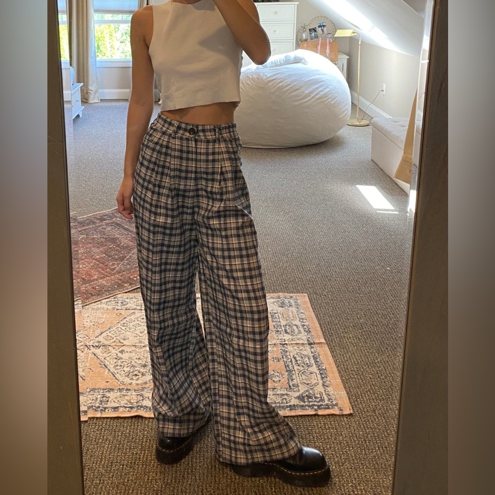 Blue Plaid Wide Legged Pants